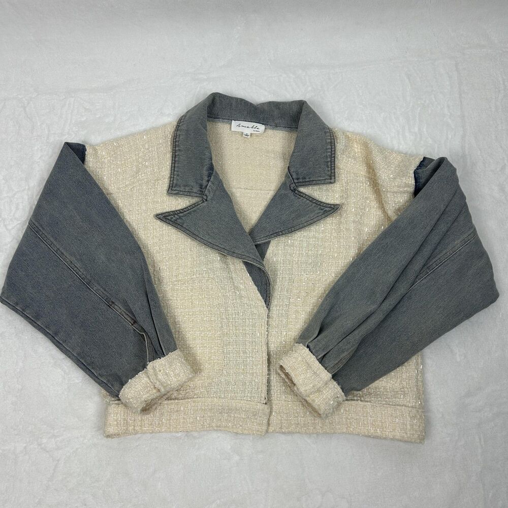 Amable by Mable Jacket Womens Small Tweed Denim Sleeves Cropped Snap Mixed Media